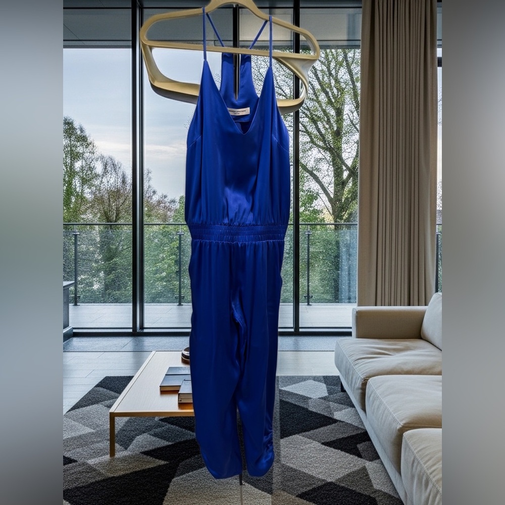 Amanda Uprichard Royal Blue Satin Jumpsuit with V-Neck